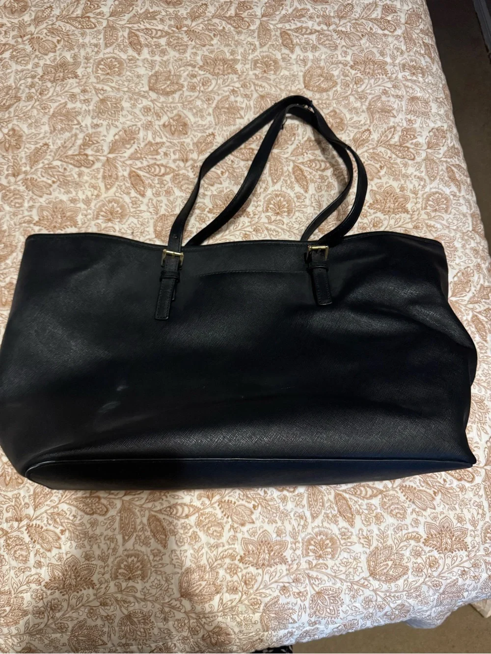 Michael Kors Black Leather Tote with Gold Plaque Accents
